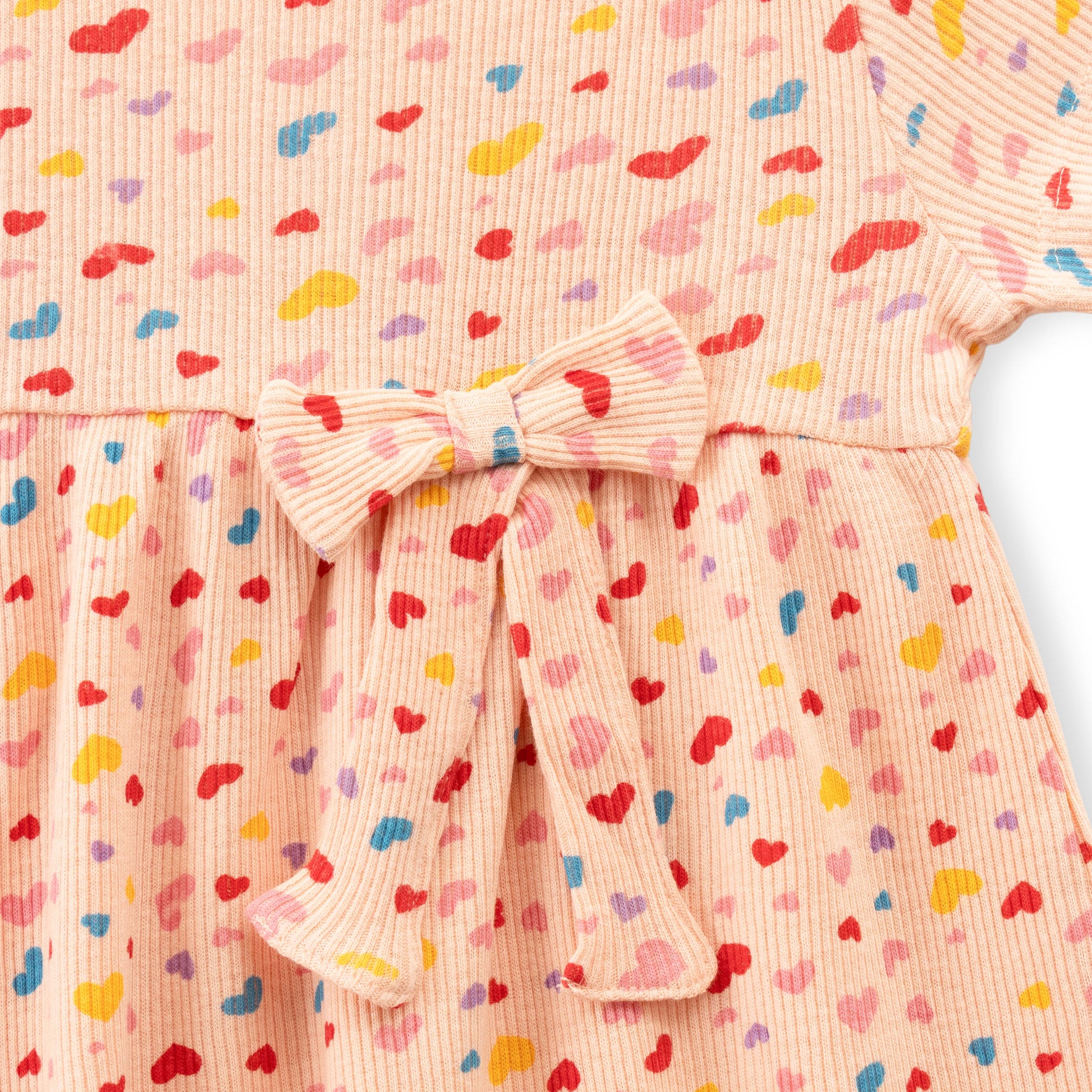 "Baby Girls Pink Printed Cotton Dress with Bow – Colorful Heart Pattern, Short Sleeve"