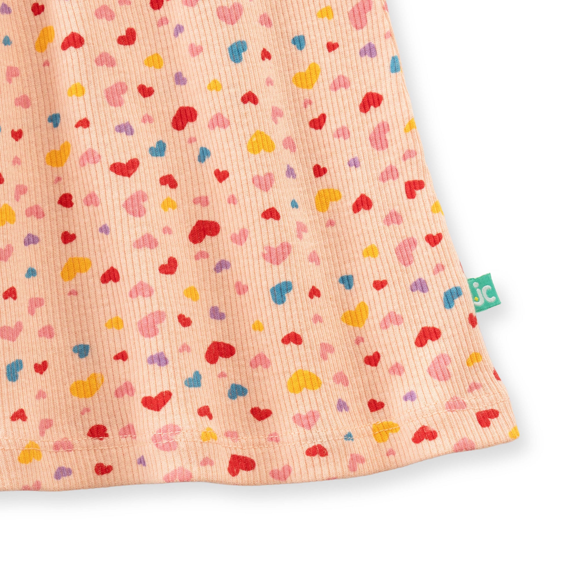 "Baby Girls Pink Printed Cotton Dress with Bow – Colorful Heart Pattern, Short Sleeve"