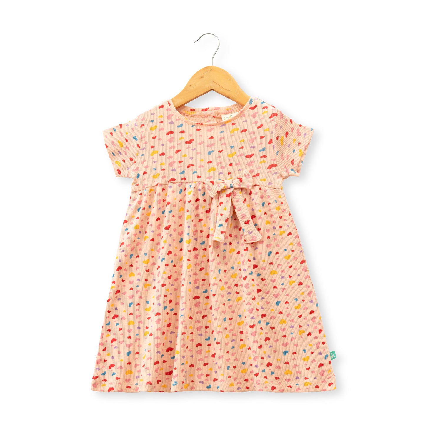 "Baby Girls Pink Printed Cotton Dress with Bow – Colorful Heart Pattern, Short Sleeve"