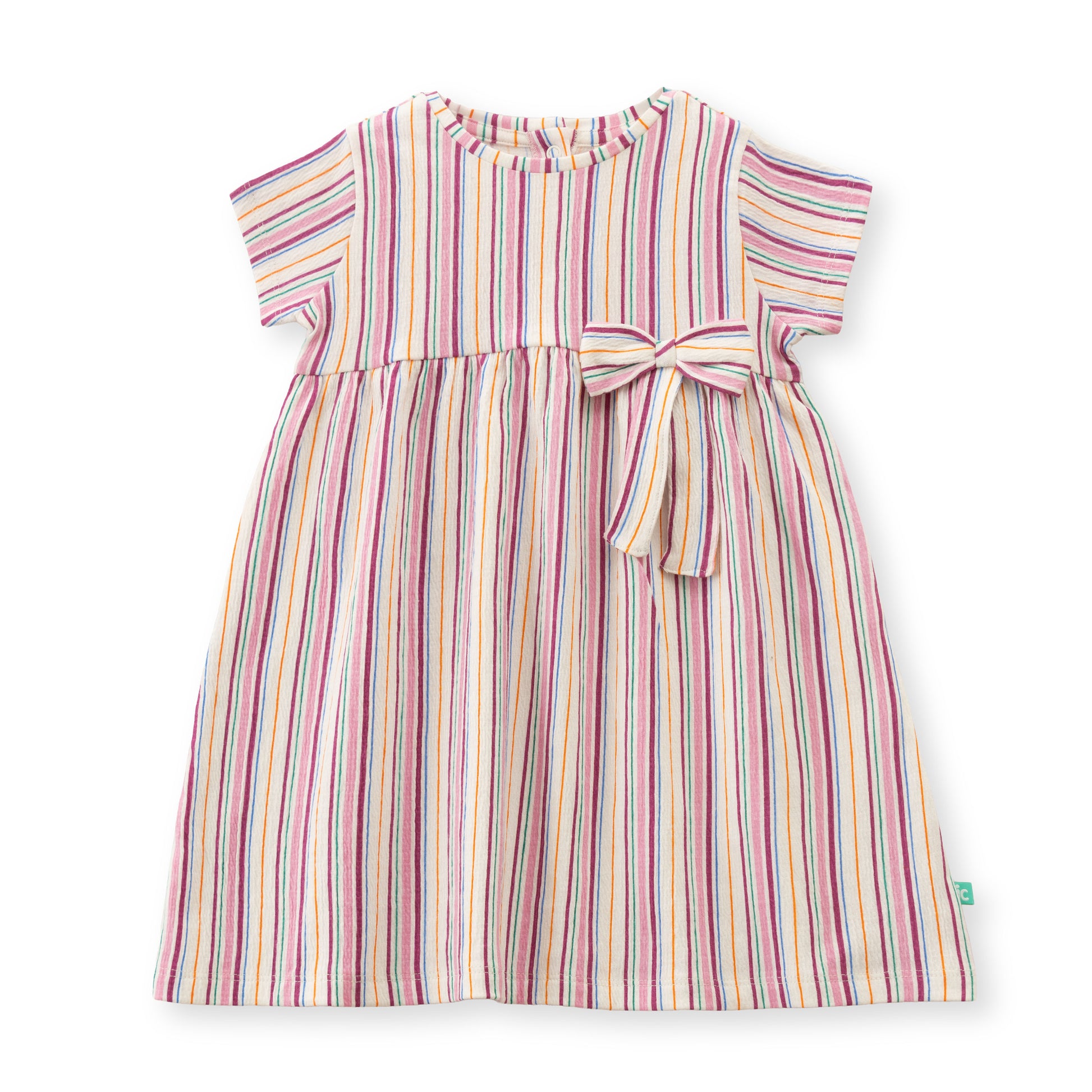 "Baby Girls Multicolor Striped Cotton Dress with Bow – Short Sleeve Casual Wear"