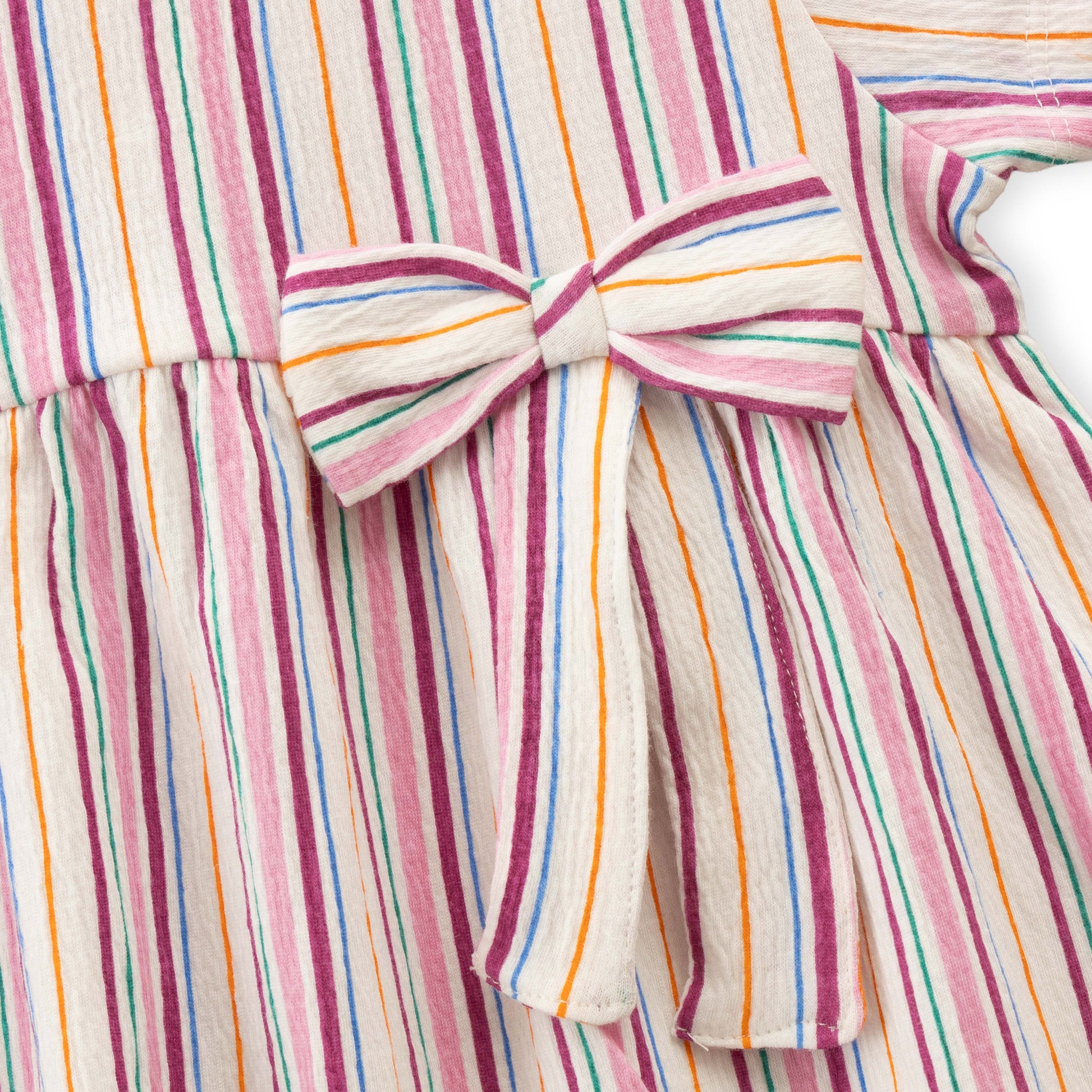 "Baby Girls Multicolor Striped Cotton Dress with Bow – Short Sleeve Casual Wear"