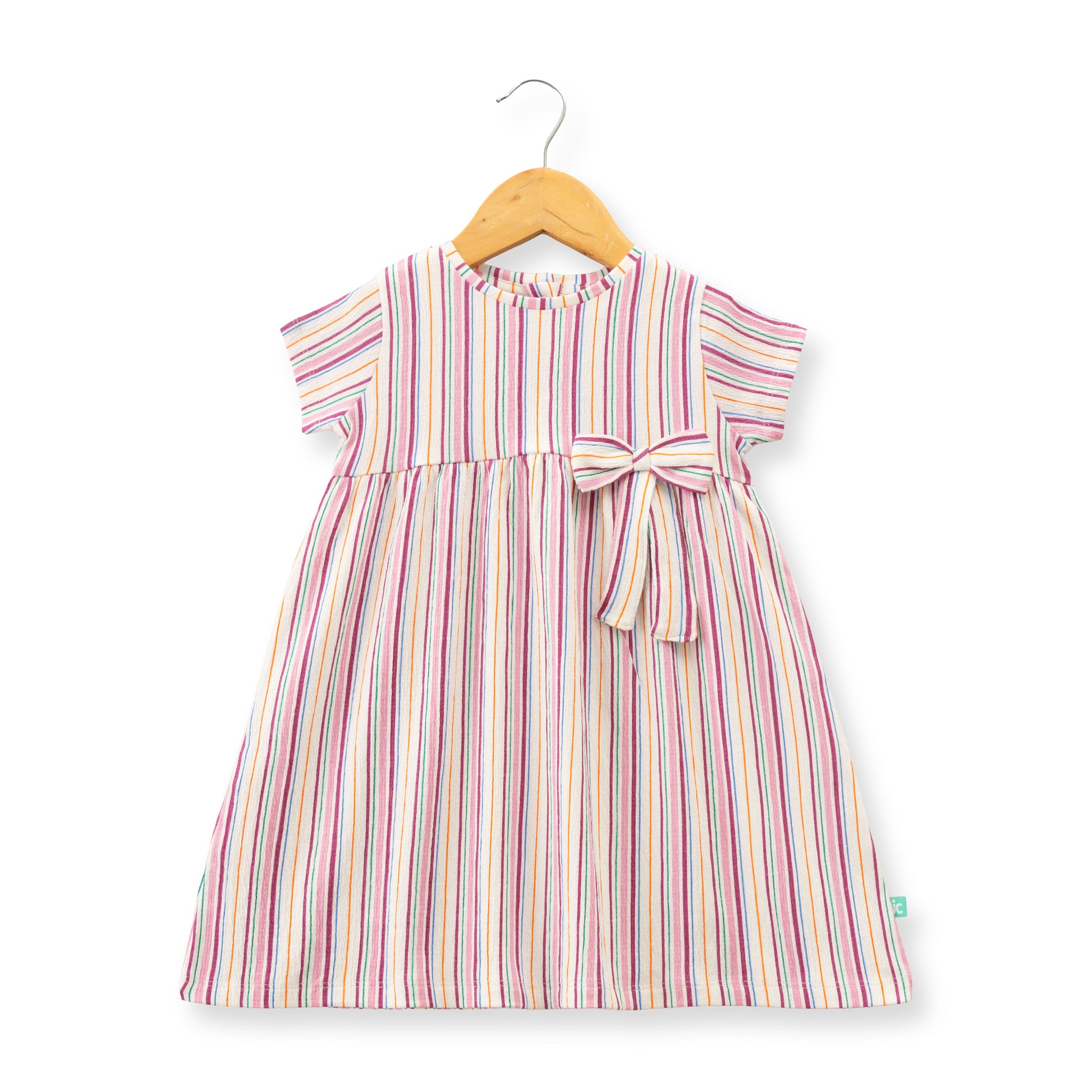 "Baby Girls Multicolor Striped Cotton Dress with Bow – Short Sleeve Casual Wear"
