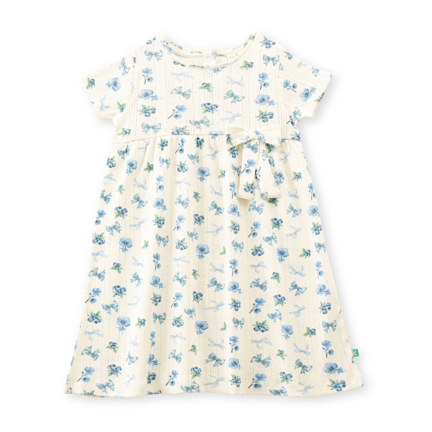 "Baby Girls' Floral Printed Cotton A-Line Dress – Cream with Blue Flowers, Short Sleeves"