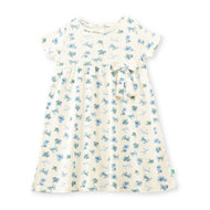 "Baby Girls' Floral Printed Cotton A-Line Dress – Cream with Blue Flowers, Short Sleeves"