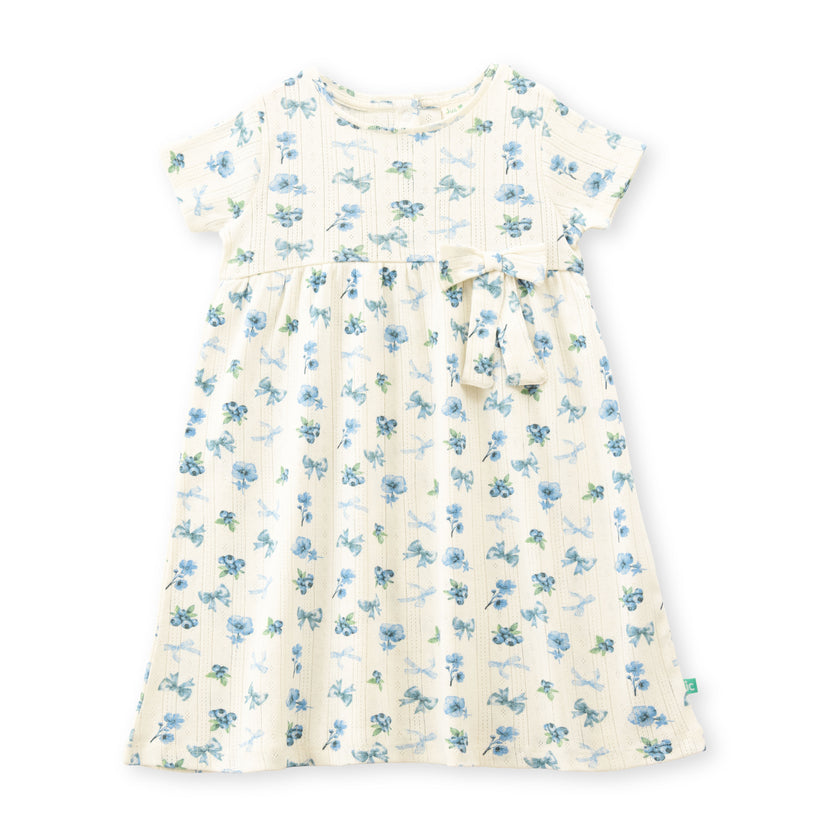 "Baby Girls' Floral Printed Cotton A-Line Dress – Cream with Blue Flowers, Short Sleeves"