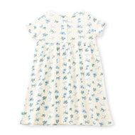 "Baby Girls' Floral Printed Cotton A-Line Dress – Cream with Blue Flowers, Short Sleeves"