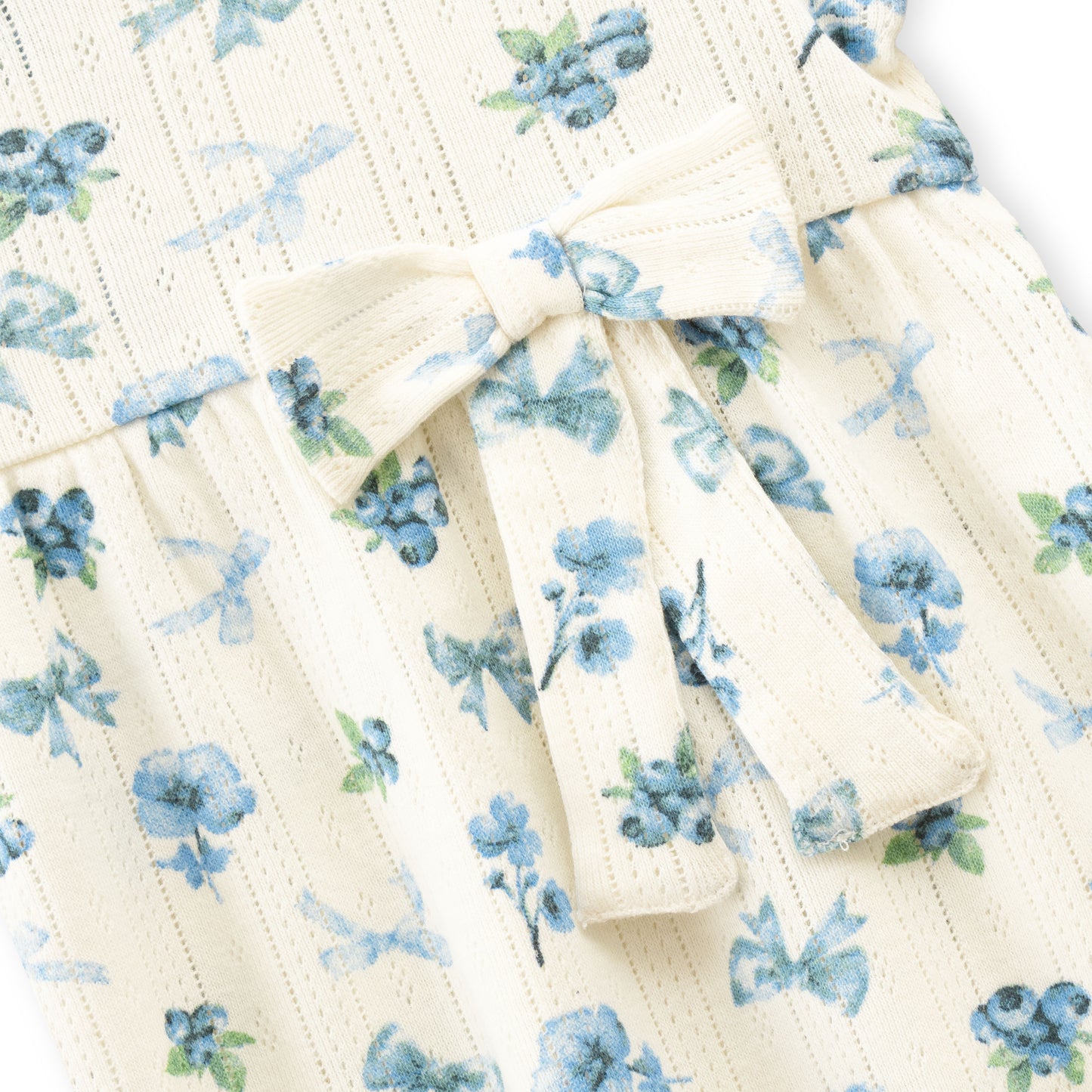 "Baby Girls' Floral Printed Cotton A-Line Dress – Cream with Blue Flowers, Short Sleeves"