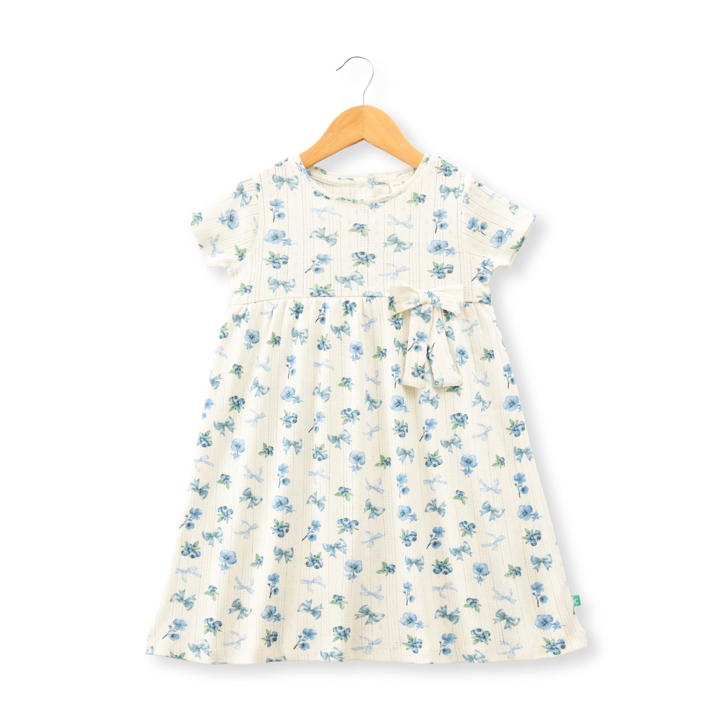 "Baby Girls' Floral Printed Cotton A-Line Dress – Cream with Blue Flowers, Short Sleeves"