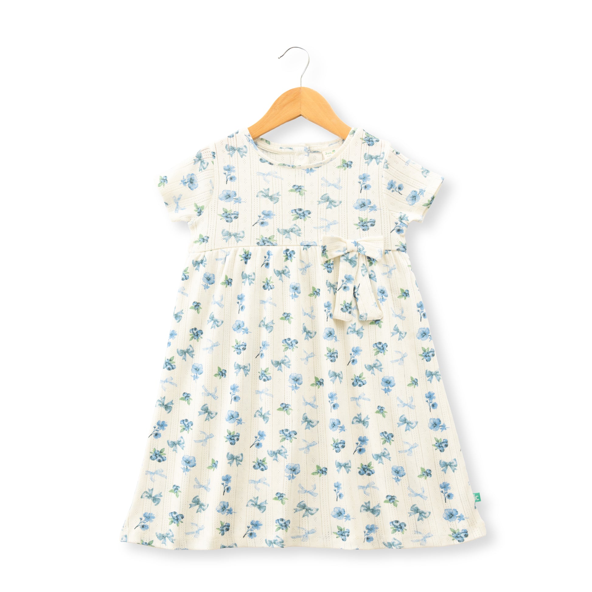 "Baby Girls' Floral Printed Cotton A-Line Dress – Cream with Blue Flowers, Short Sleeves"