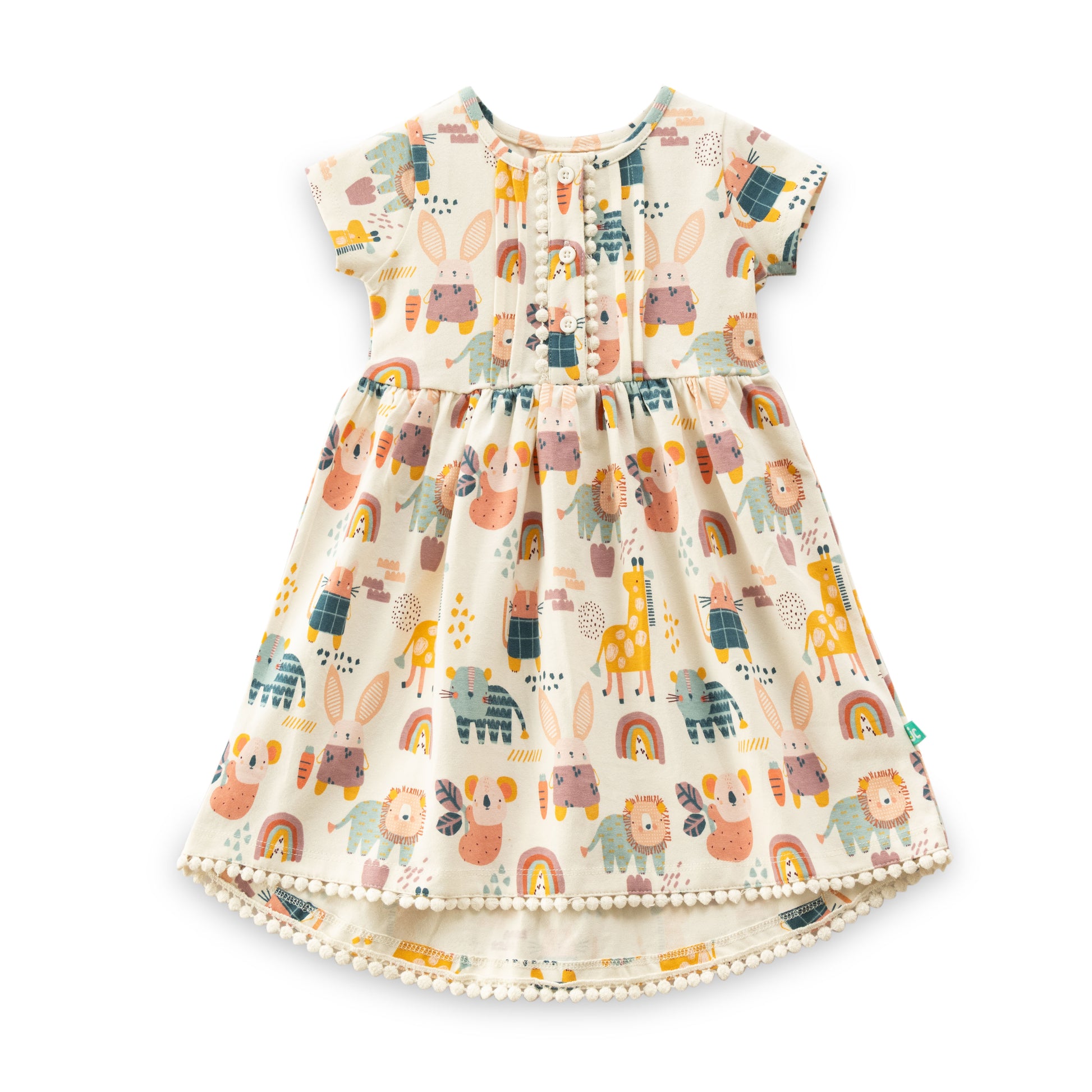 "Baby Girls' Animal Print Cotton Half Sleeve Dress with Pom-Pom Hem – Off-white"