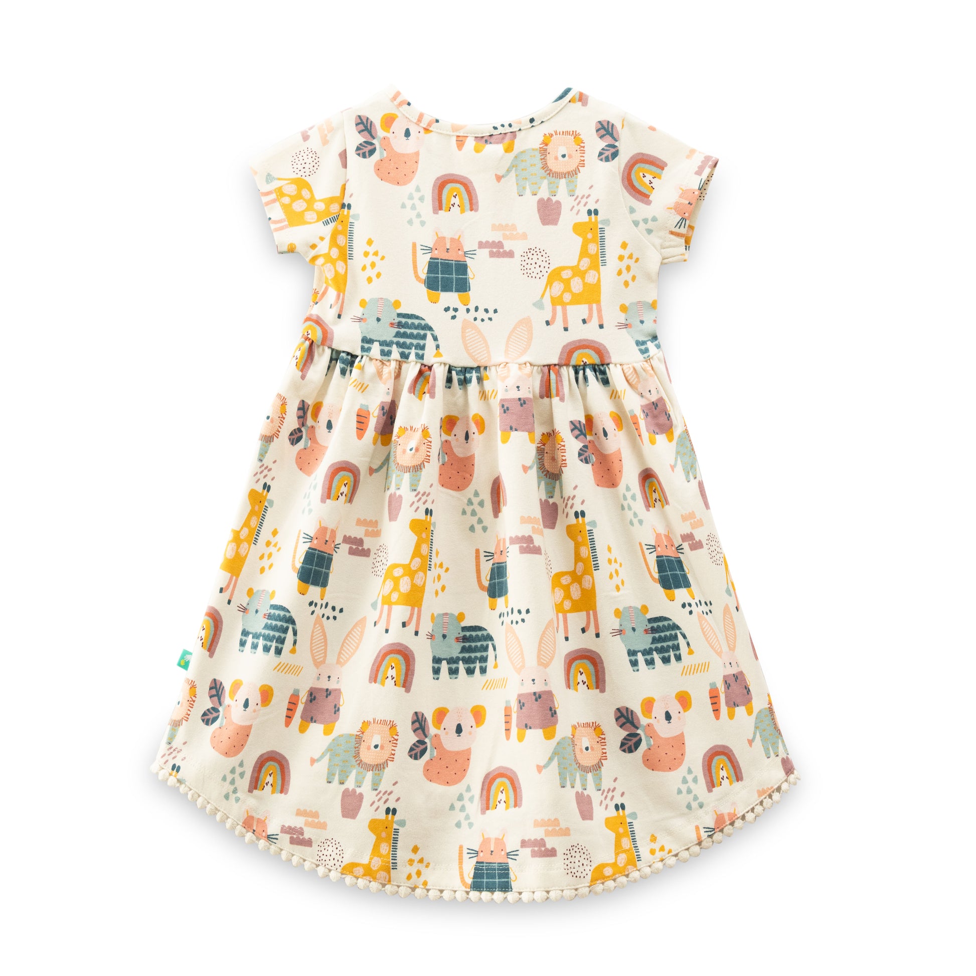 "Baby Girls' Animal Print Cotton Half Sleeve Dress with Pom-Pom Hem – Off-white"
