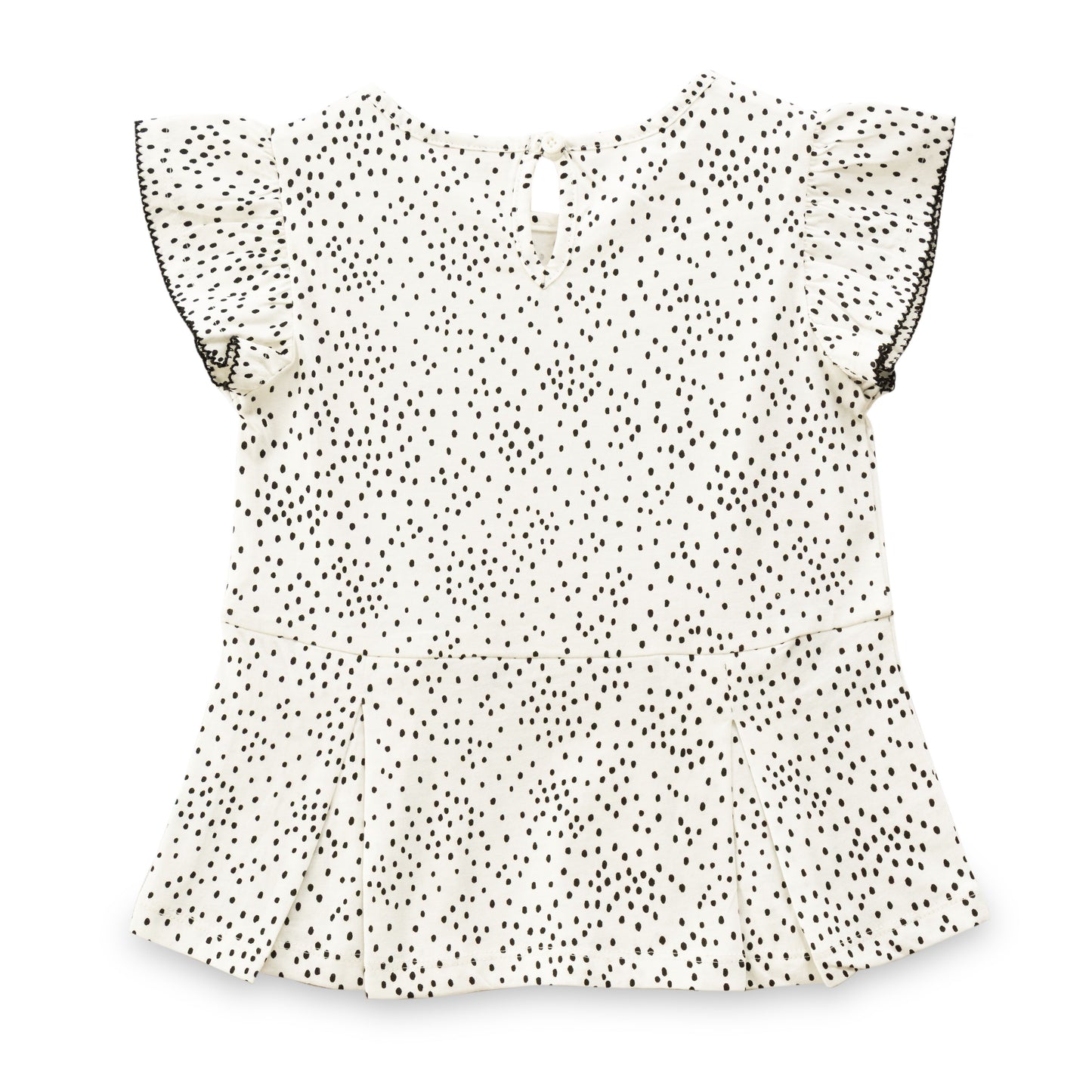 "Girls' Polka Dot Top with Ruffle Sleeves and Black Bow Accents – White & Black"