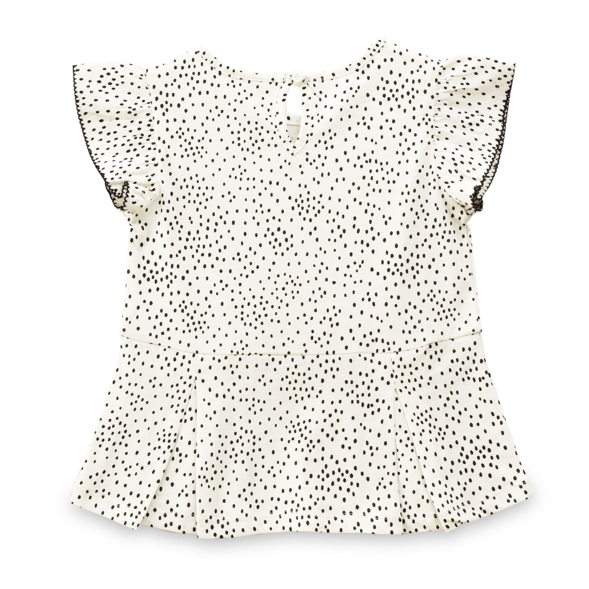 "Girls' Polka Dot Top with Ruffle Sleeves and Black Bow Accents – White & Black"