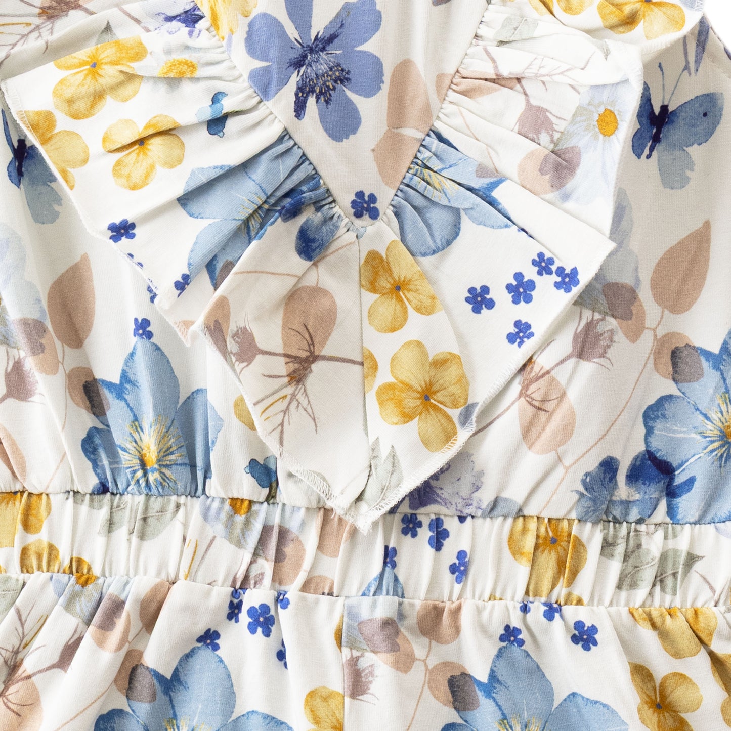 "Girls' Cotton Frill Neck Playsuit with Multicolor Floral Design - Soft Cotton, Ruffle Sleeves