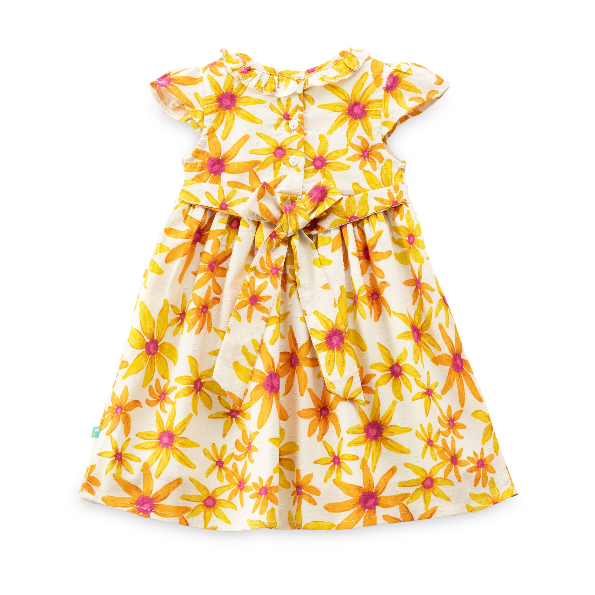 "Baby Girls Floral Printed Cotton Dress – Yellow & Orange Daisy Pattern"
