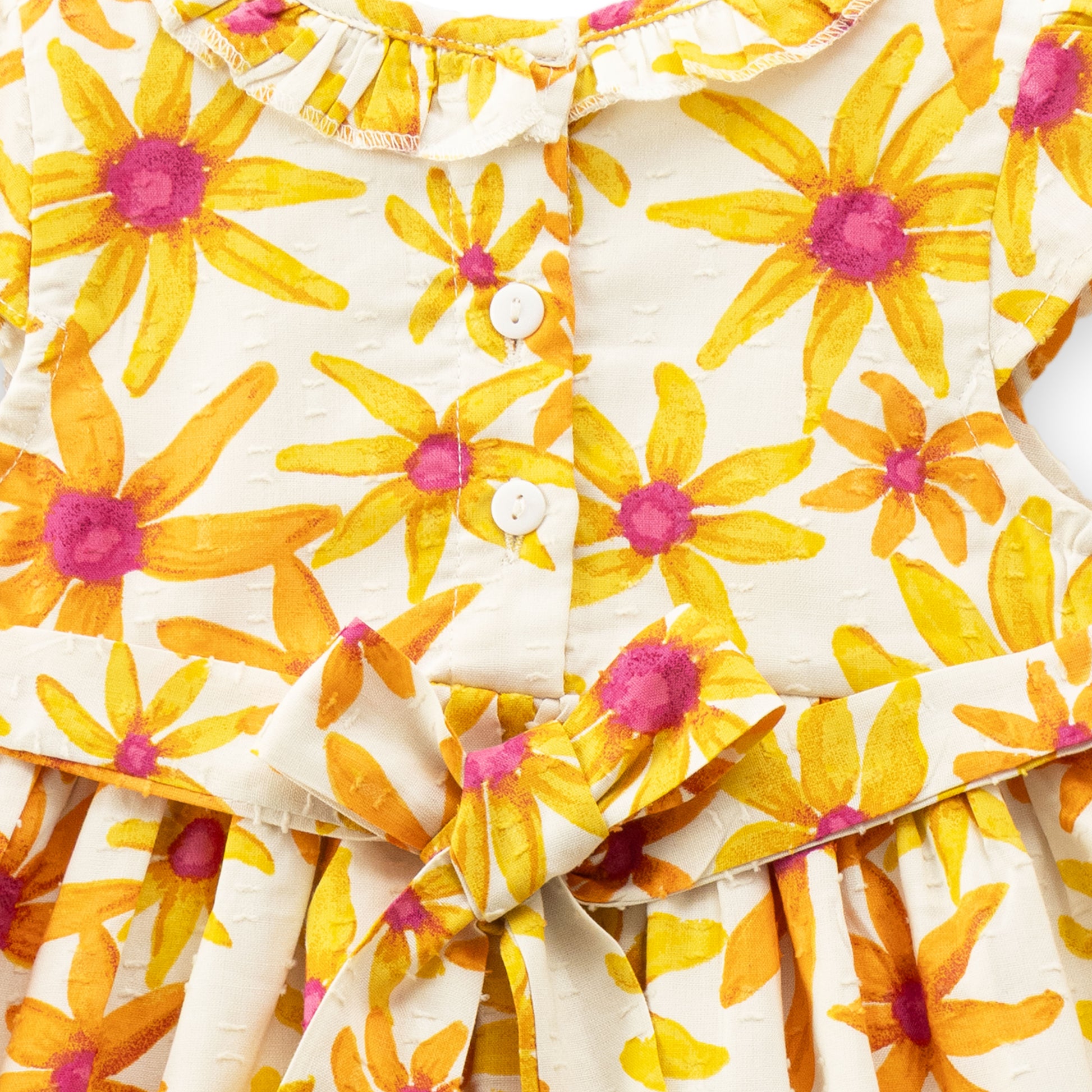 "Baby Girls Floral Printed Cotton Dress – Yellow & Orange Daisy Pattern"