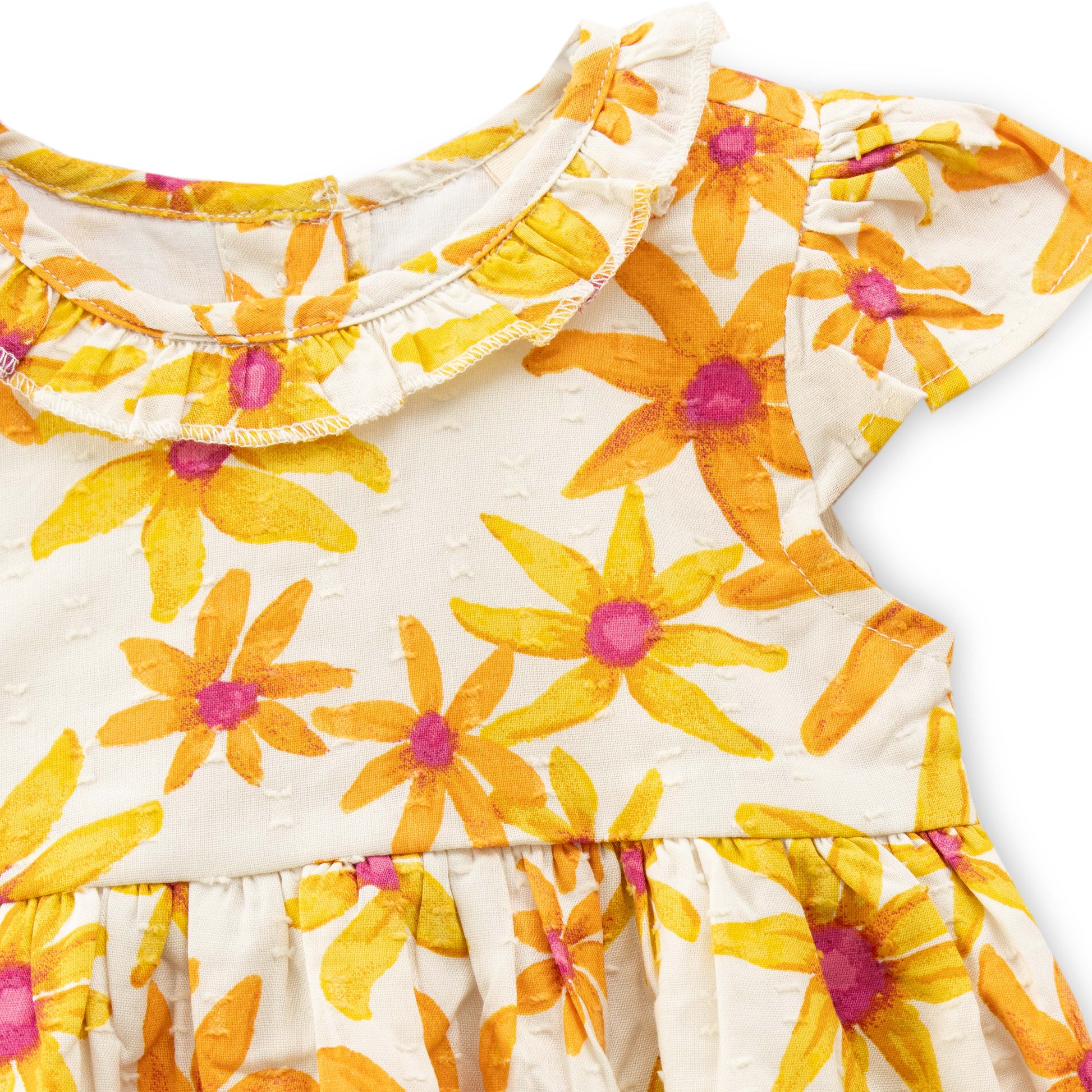 "Baby Girls Floral Printed Cotton Dress – Yellow & Orange Daisy Pattern"