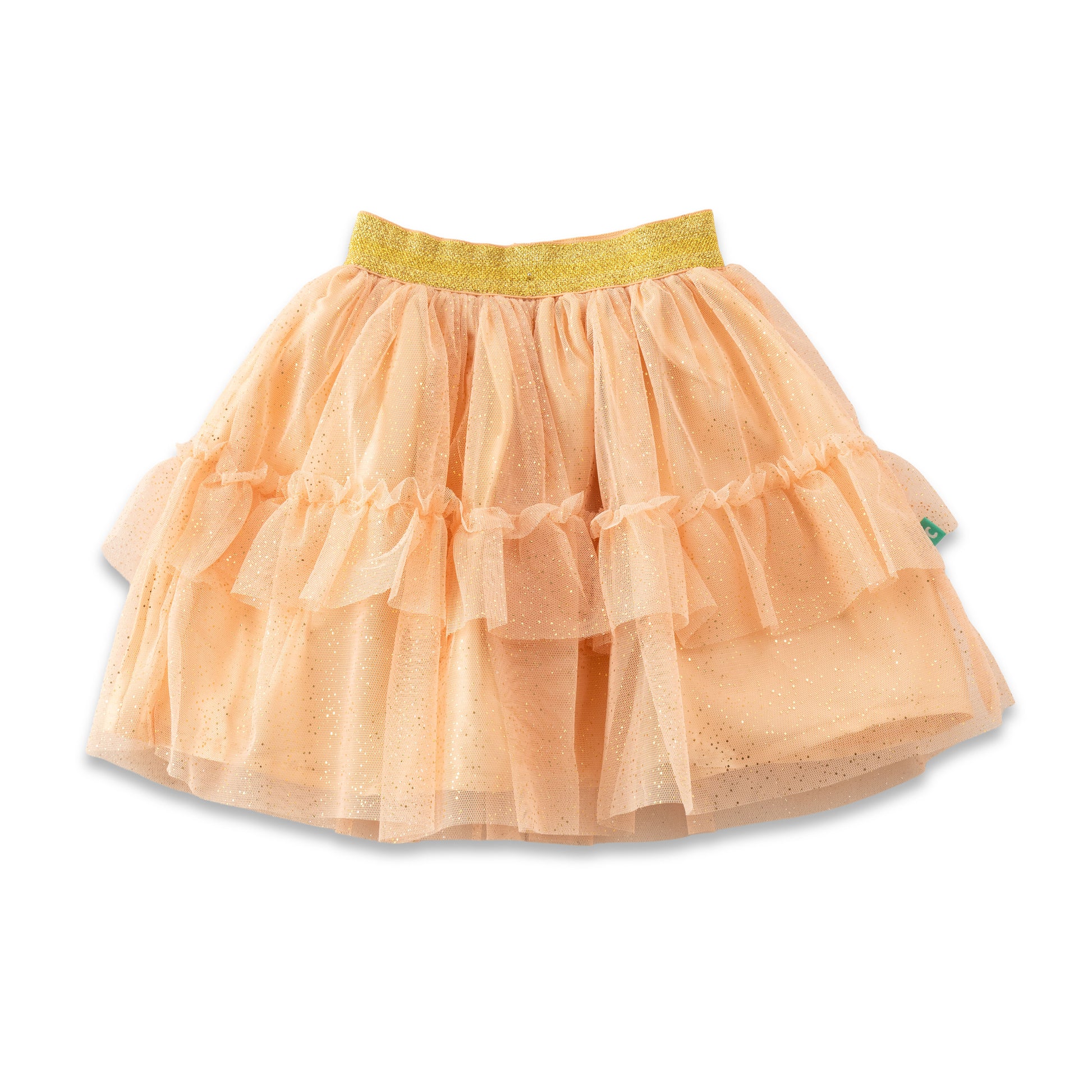 "Girls Orange Glitter Net Tutu Skirt with Ruffle Layers & Gold Elastic Waistband"