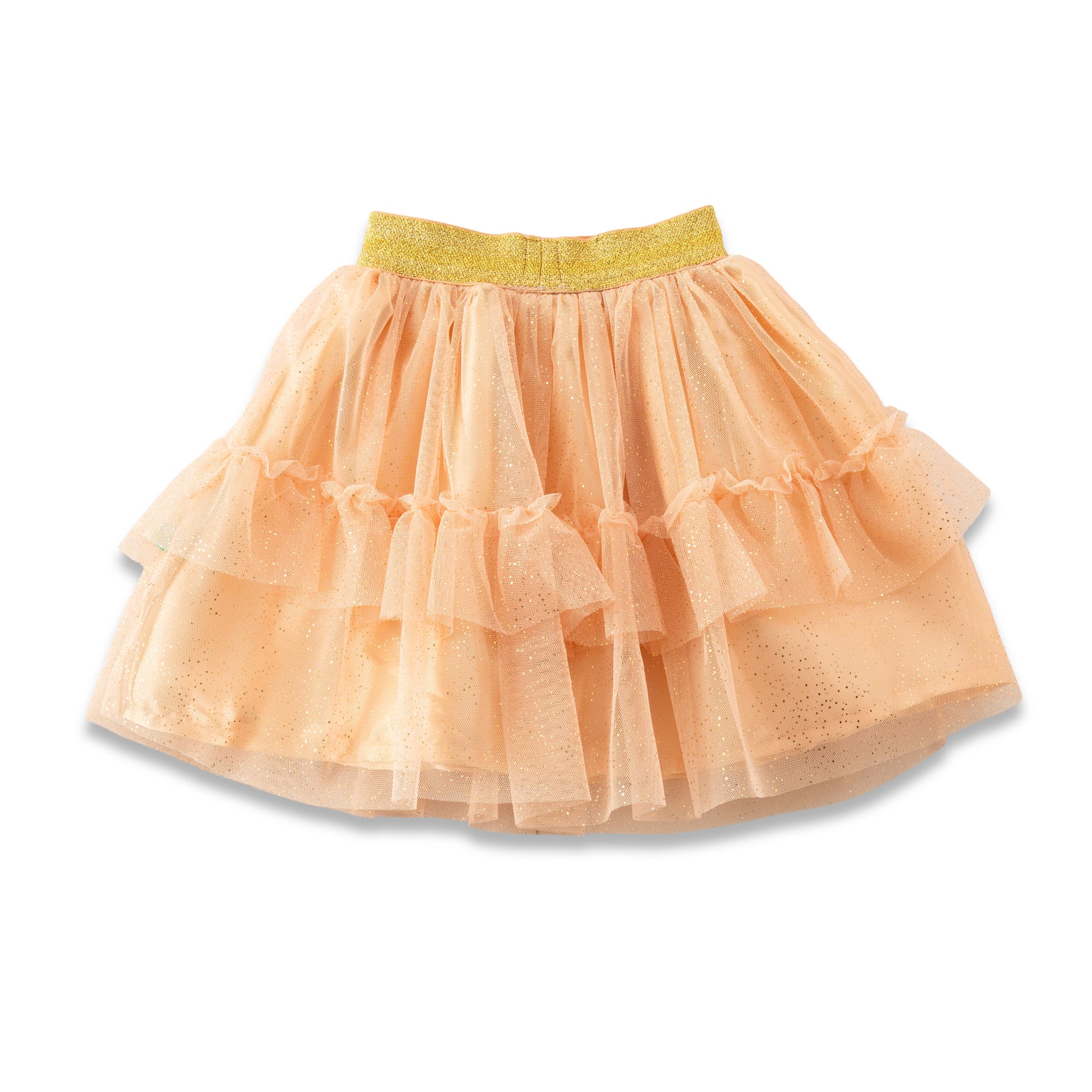 "Girls Orange Glitter Net Tutu Skirt with Ruffle Layers & Gold Elastic Waistband"