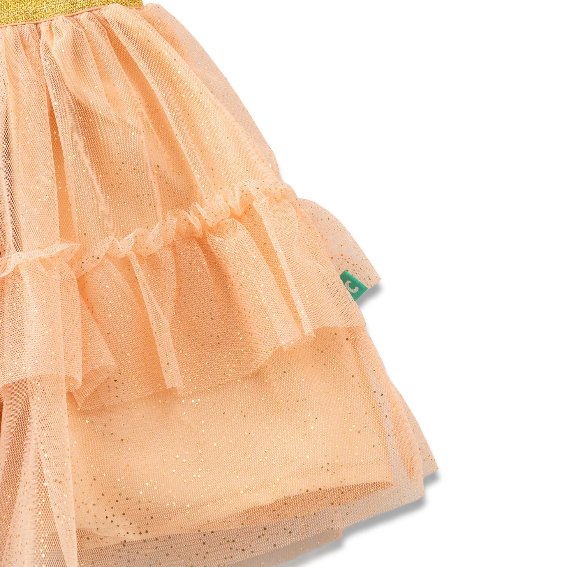 "Girls Orange Glitter Net Tutu Skirt with Ruffle Layers & Gold Elastic Waistband"