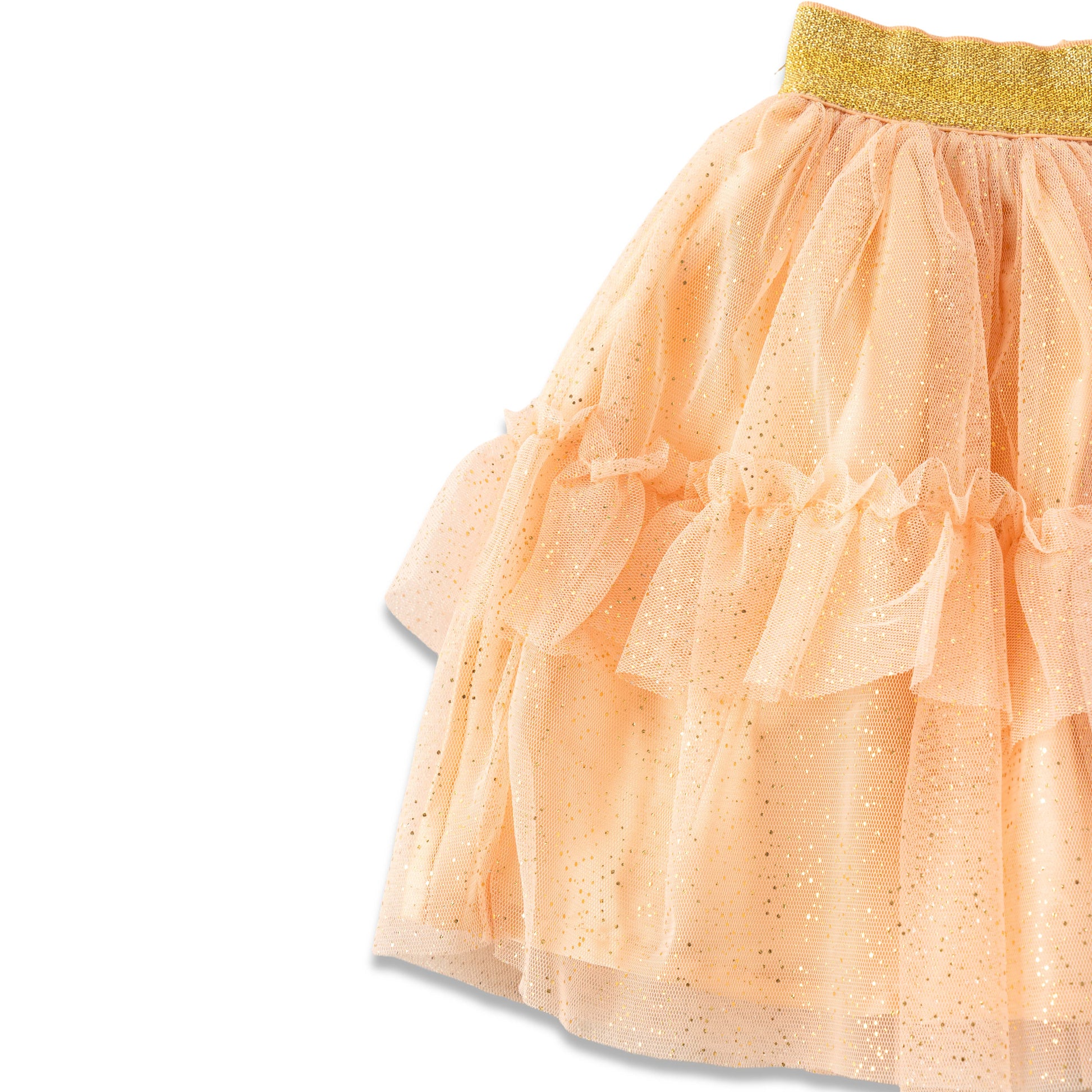 "Girls Orange Glitter Net Tutu Skirt with Ruffle Layers & Gold Elastic Waistband"