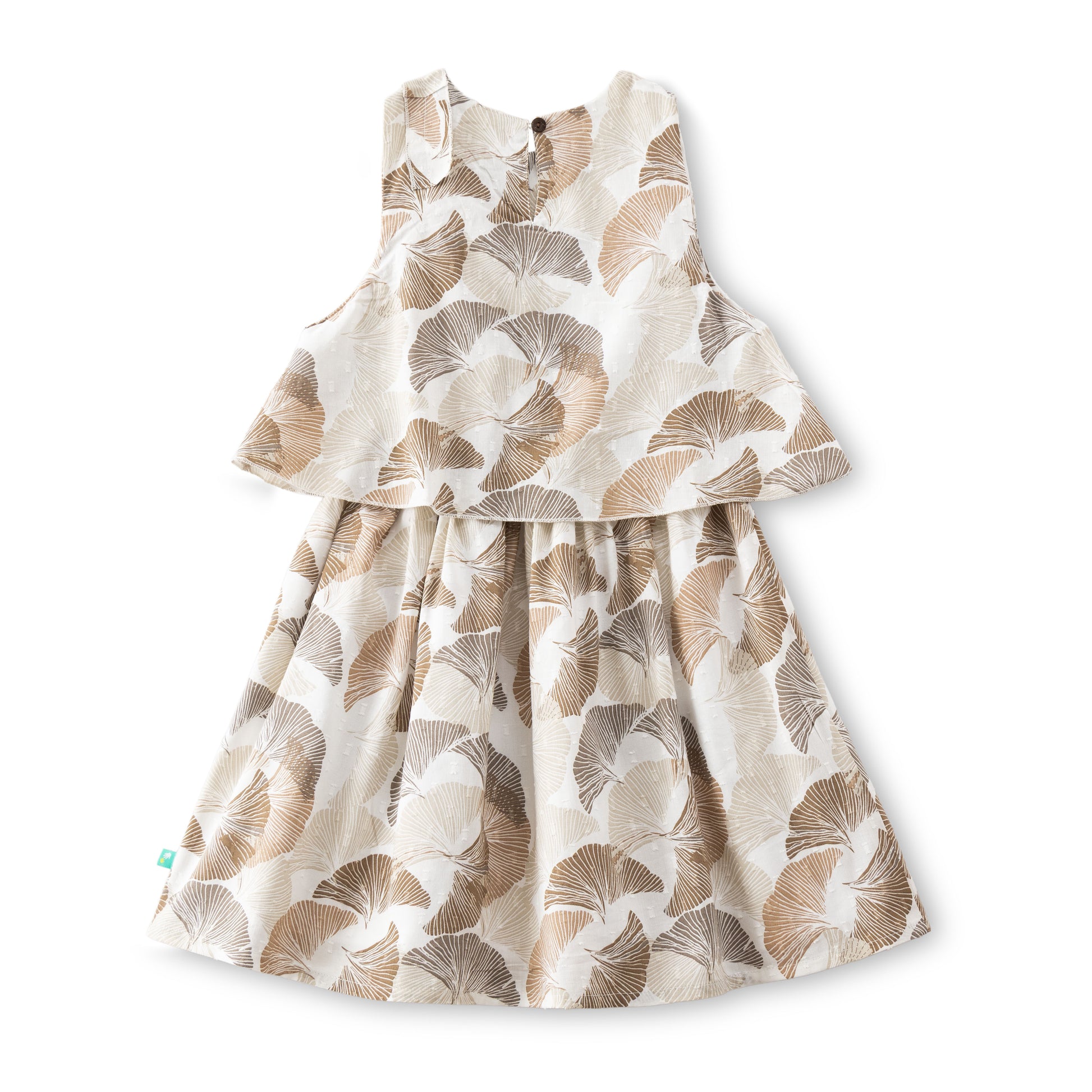 "Girls Sleeveless Layered Frock with Leaf Print – Beige & Brown"