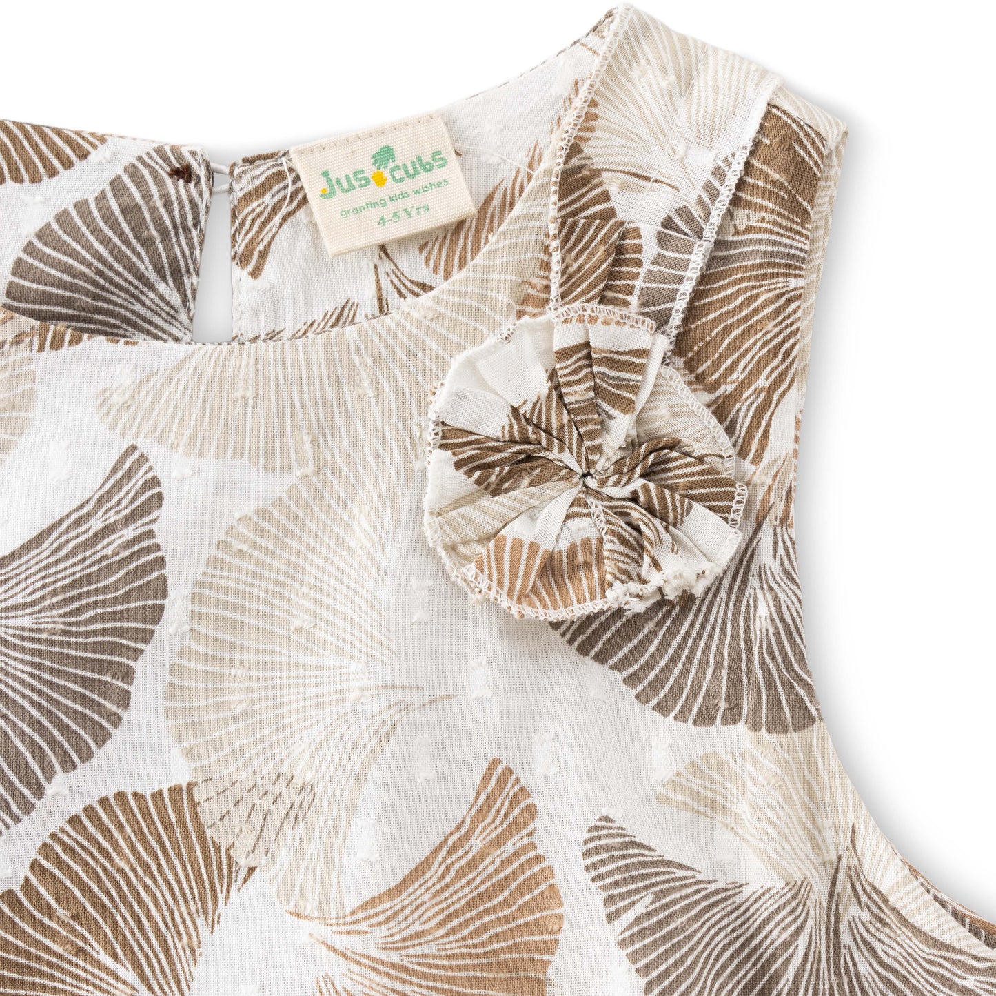 "Girls Sleeveless Layered Frock with Leaf Print – Beige & Brown"