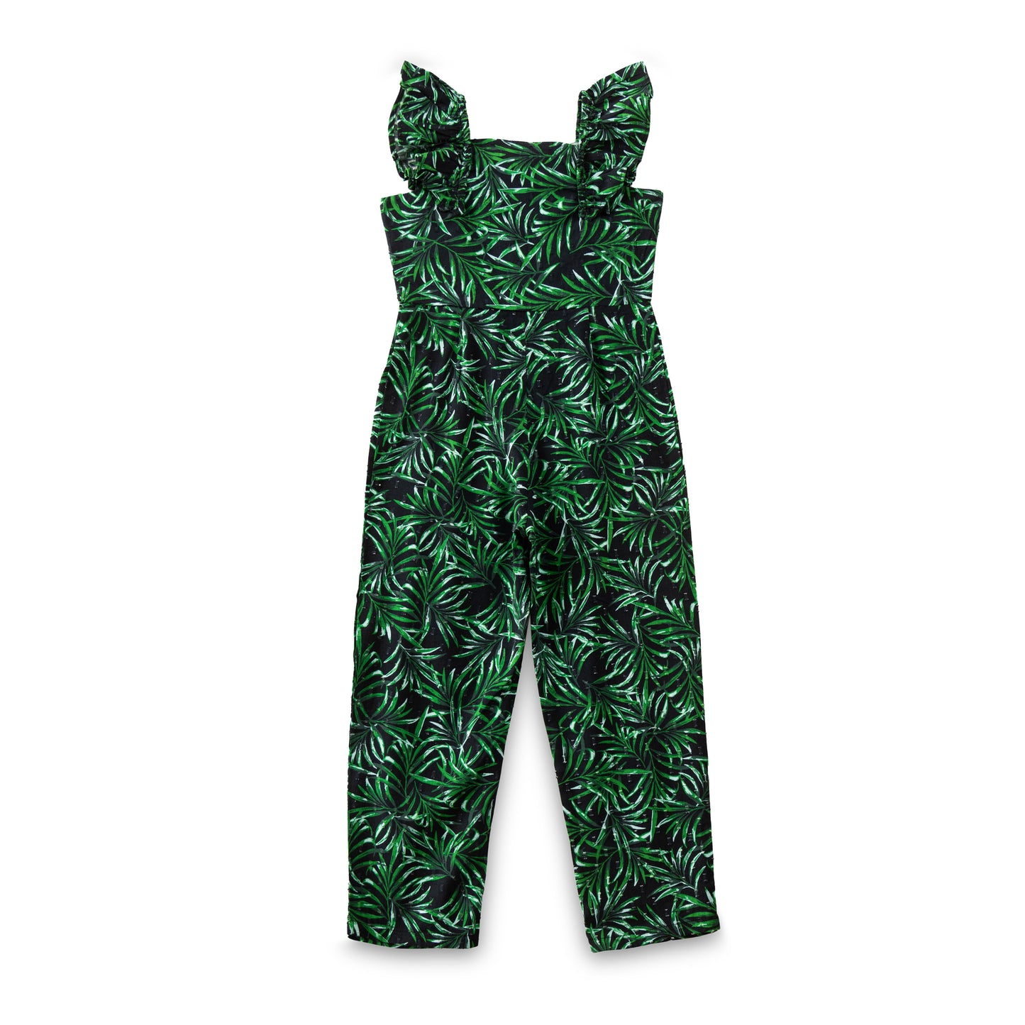 "Girls Sleeveless Ruffle Strap Jumpsuit with Leaf Print – Green & Black"