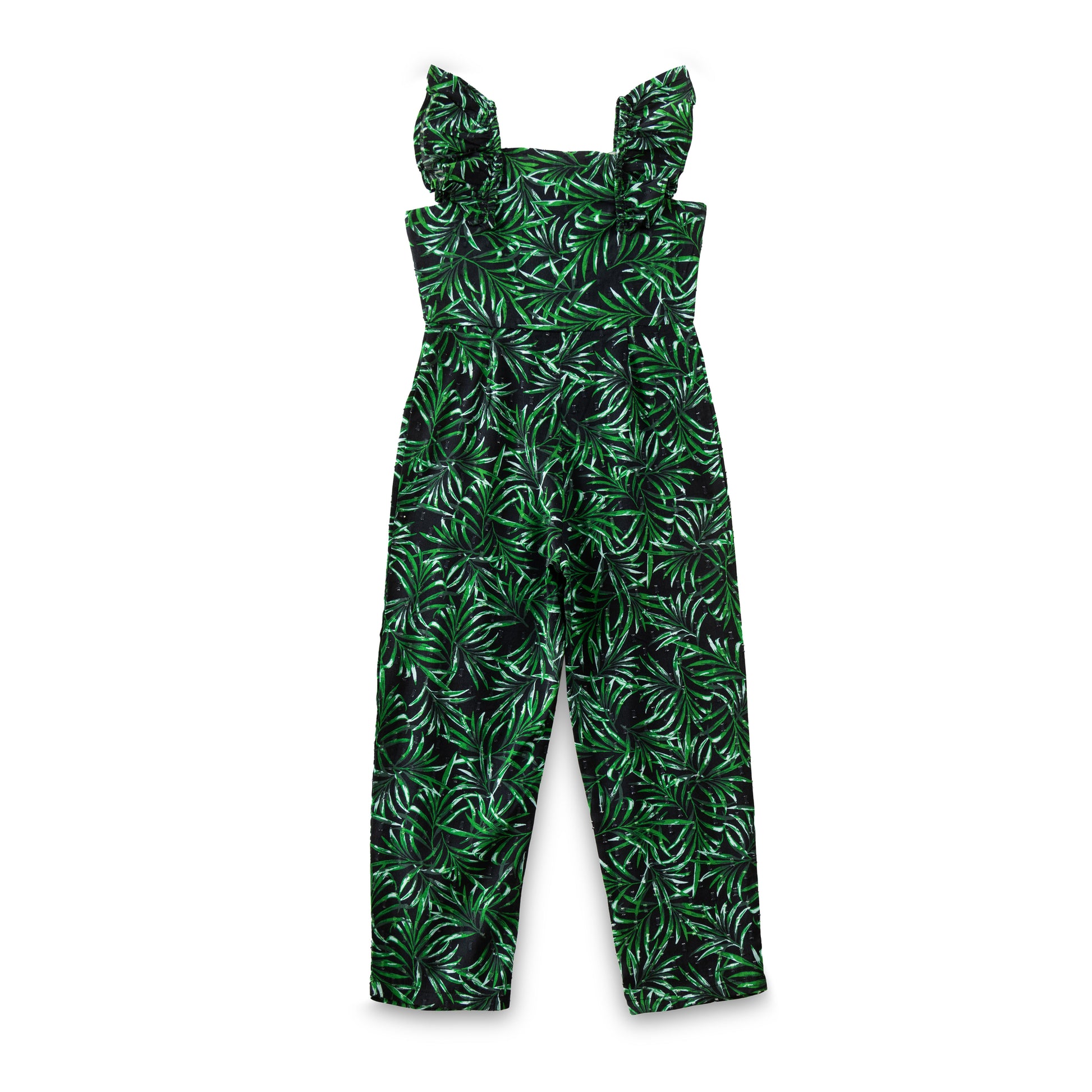 "Girls Sleeveless Ruffle Strap Jumpsuit with Leaf Print – Green & Black"