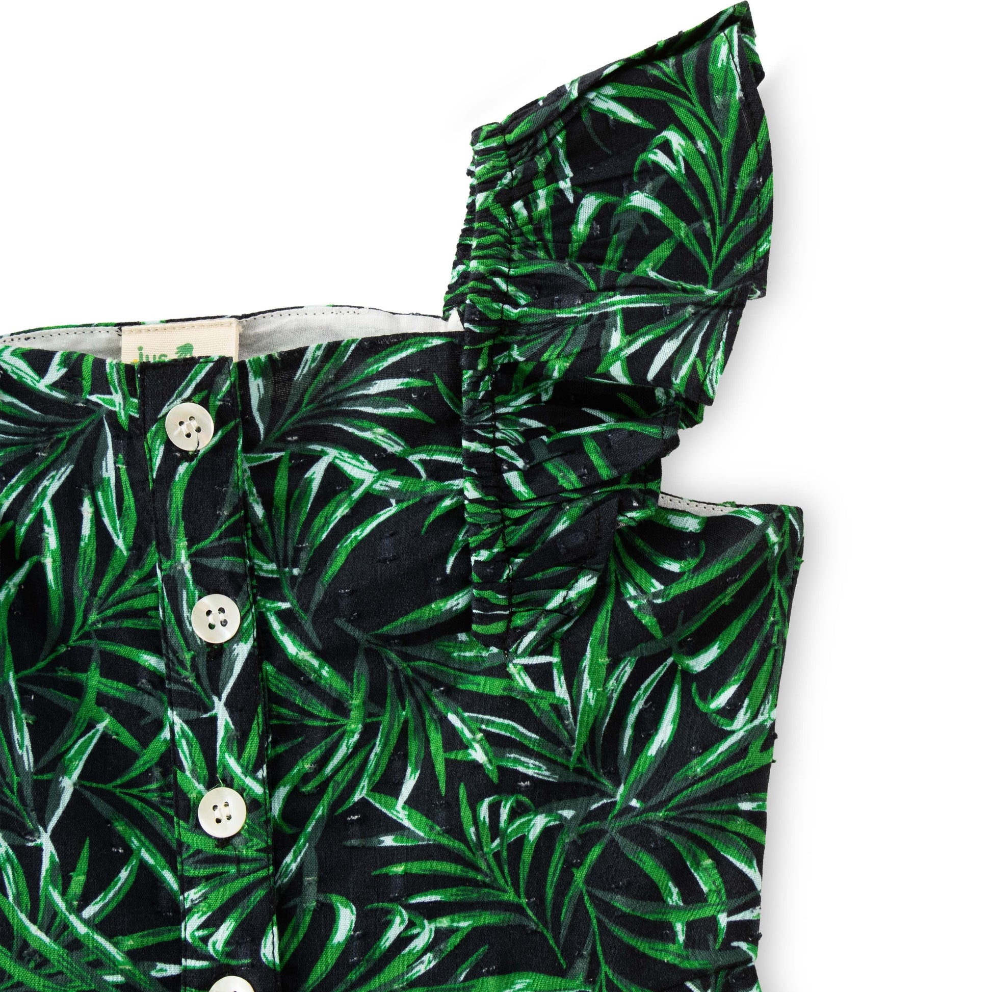 "Girls Sleeveless Ruffle Strap Jumpsuit with Leaf Print – Green & Black"
