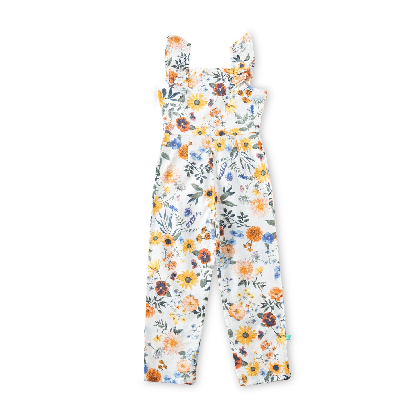 "Girls Sleeveless Ruffle Strap Jumpsuit with Floral Print – White Multicolor"