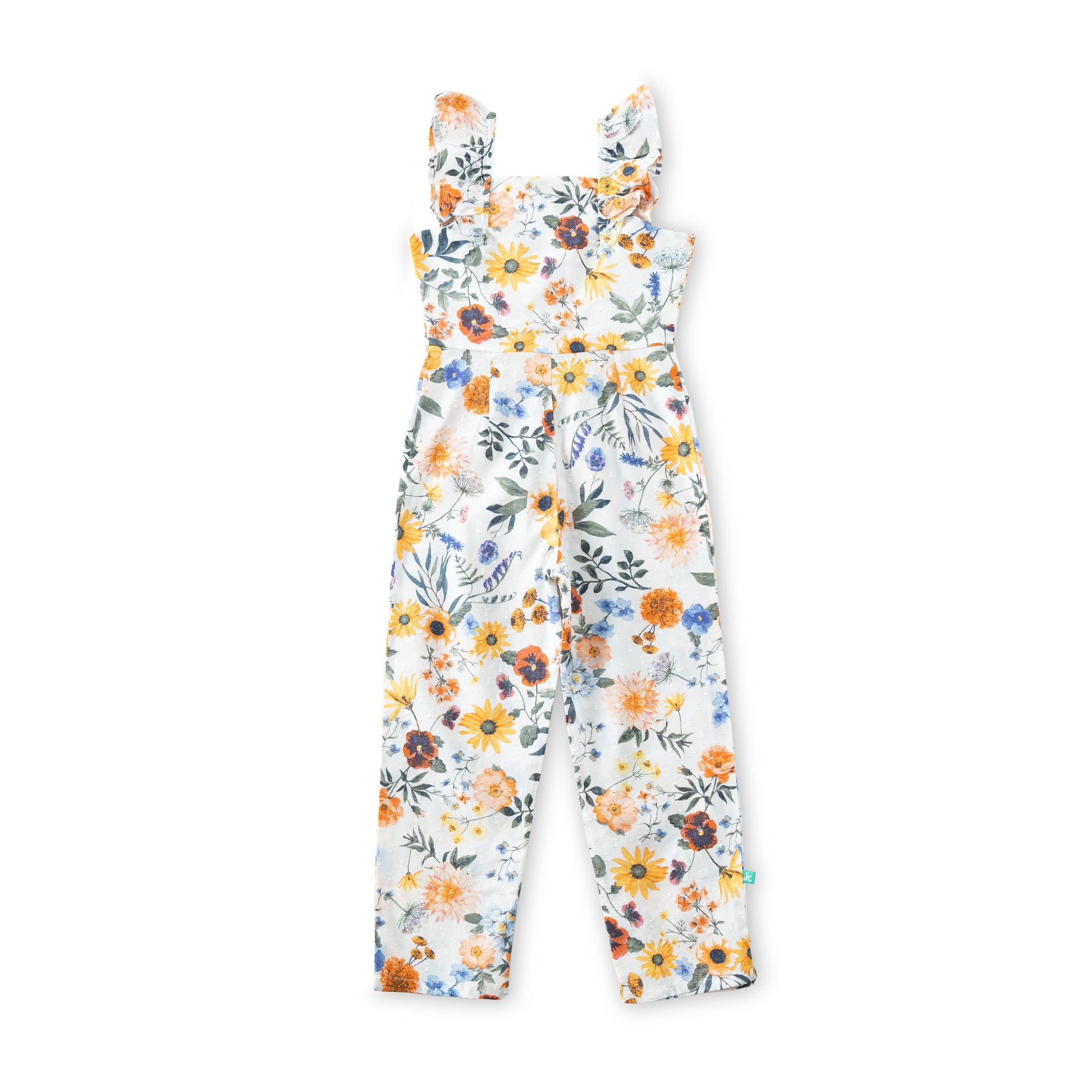"Girls Sleeveless Ruffle Strap Jumpsuit with Floral Print – White Multicolor"