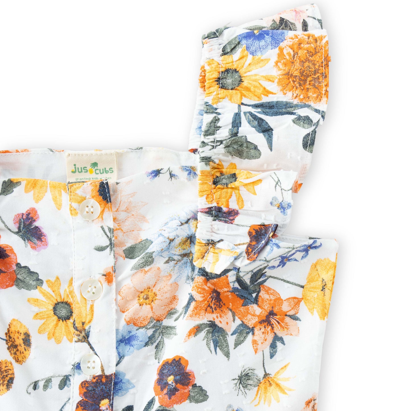 "Girls Sleeveless Ruffle Strap Jumpsuit with Floral Print – White Multicolor"