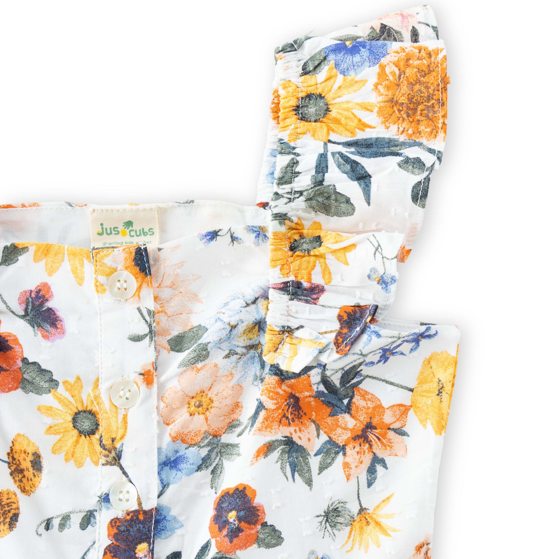 "Girls Sleeveless Ruffle Strap Jumpsuit with Floral Print – White Multicolor"