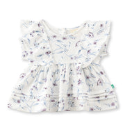 "Baby Girls' White Floral Print Cotton Peplum Top with Ruffle Sleeves"