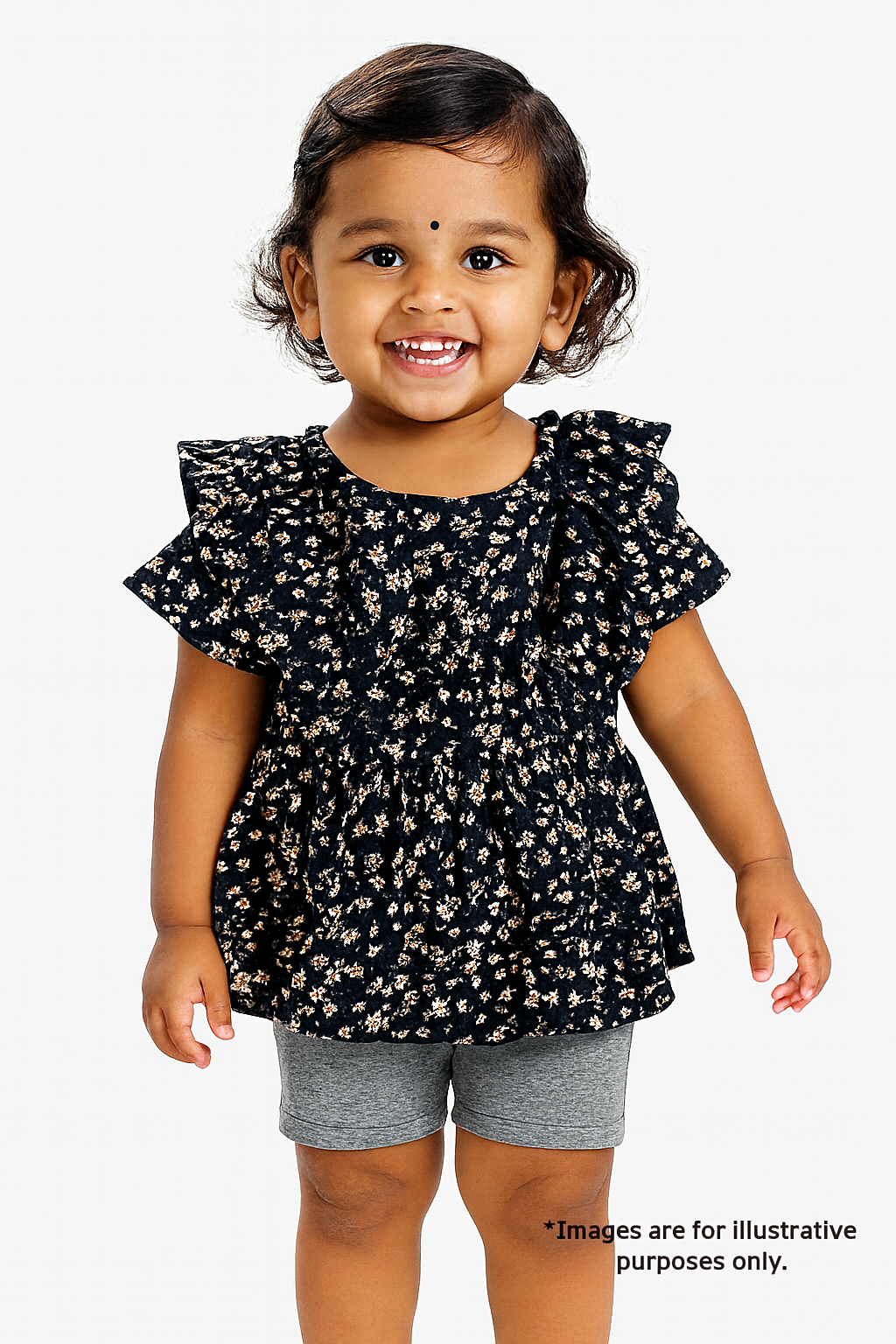 "Baby Girls Navy Blue Floral Print Ruffle Sleeve Top"