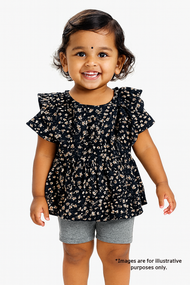 "Baby Girls Navy Blue Floral Print Ruffle Sleeve Top"