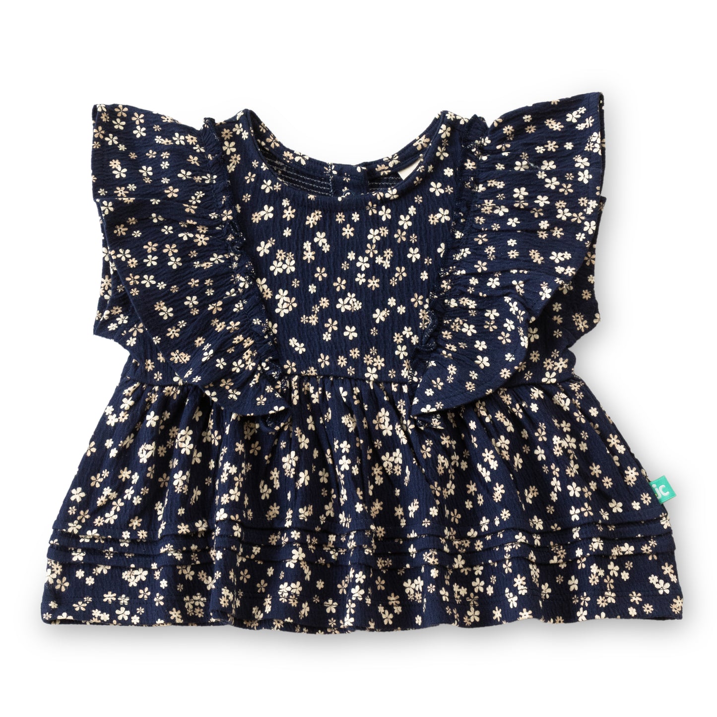 "Baby Girls Navy Blue Floral Print Ruffle Sleeve Top"