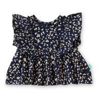 "Baby Girls Navy Blue Floral Print Ruffle Sleeve Top"