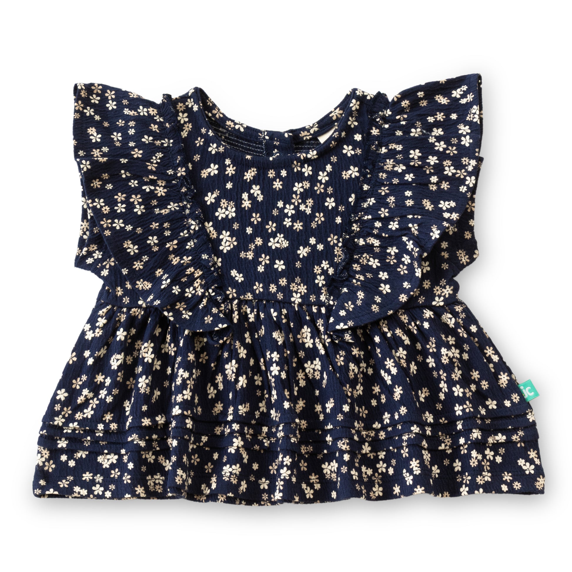 "Baby Girls Navy Blue Floral Print Ruffle Sleeve Top"