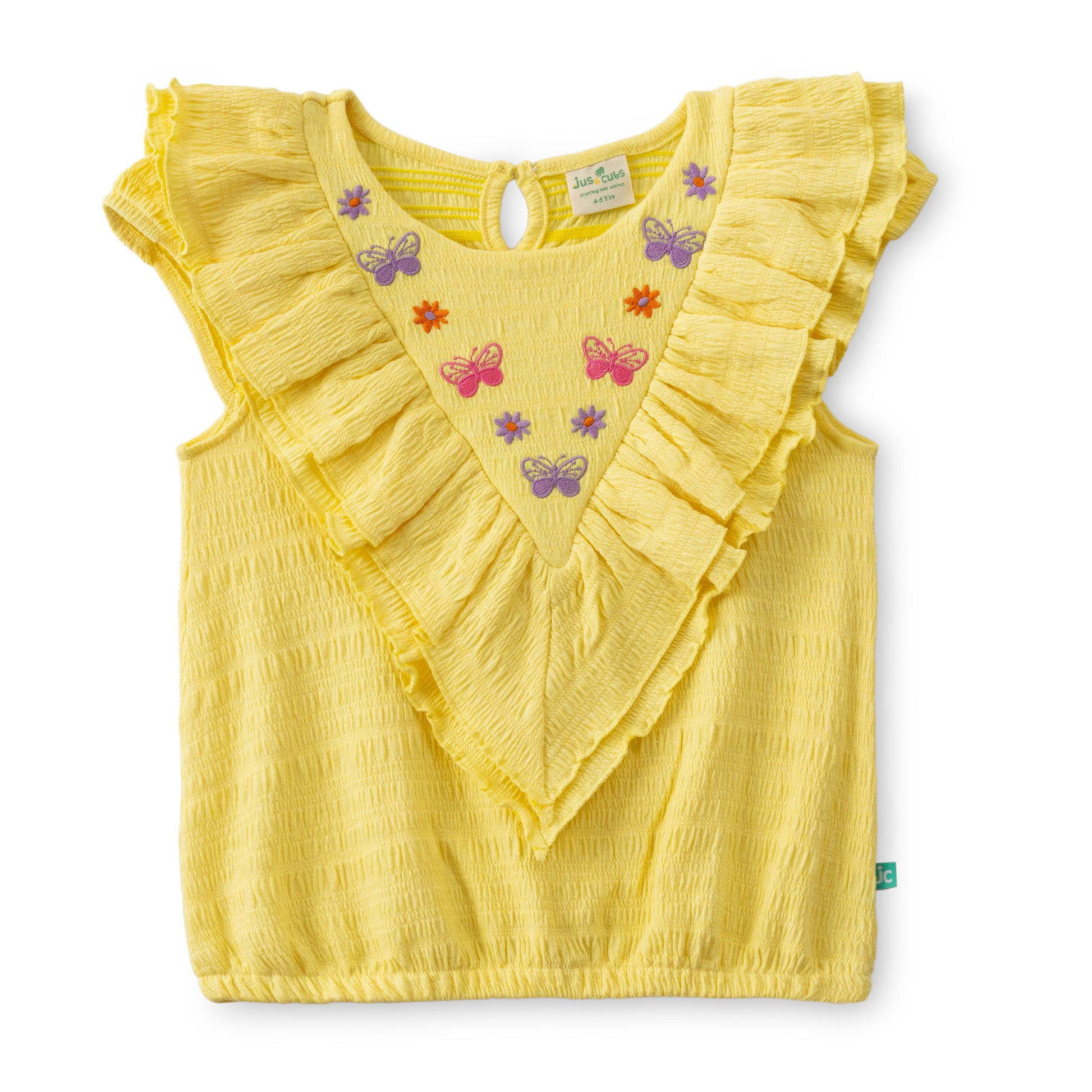 "Girls Yellow Sleeveless Top with Ruffle Neck & Butterfly Embroidery"