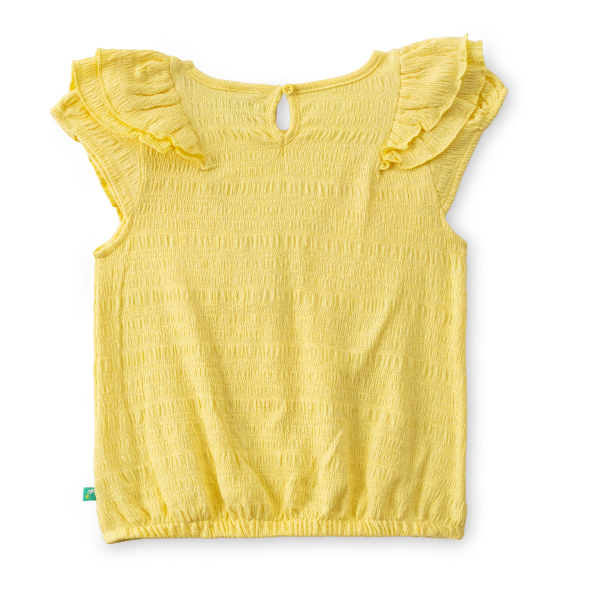 "Girls Yellow Sleeveless Top with Ruffle Neck & Butterfly Embroidery"