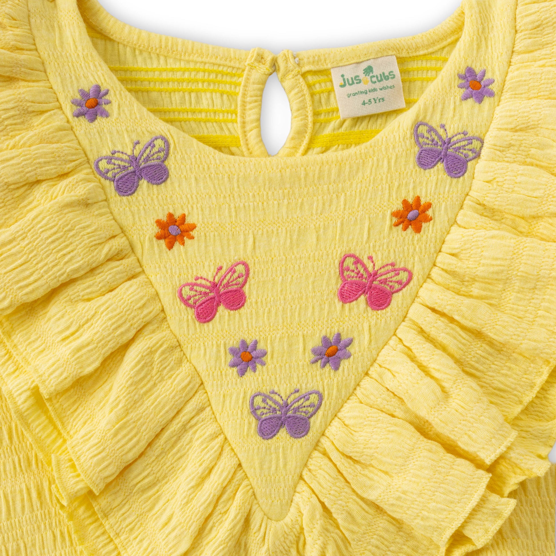"Girls Yellow Sleeveless Top with Ruffle Neck & Butterfly Embroidery"