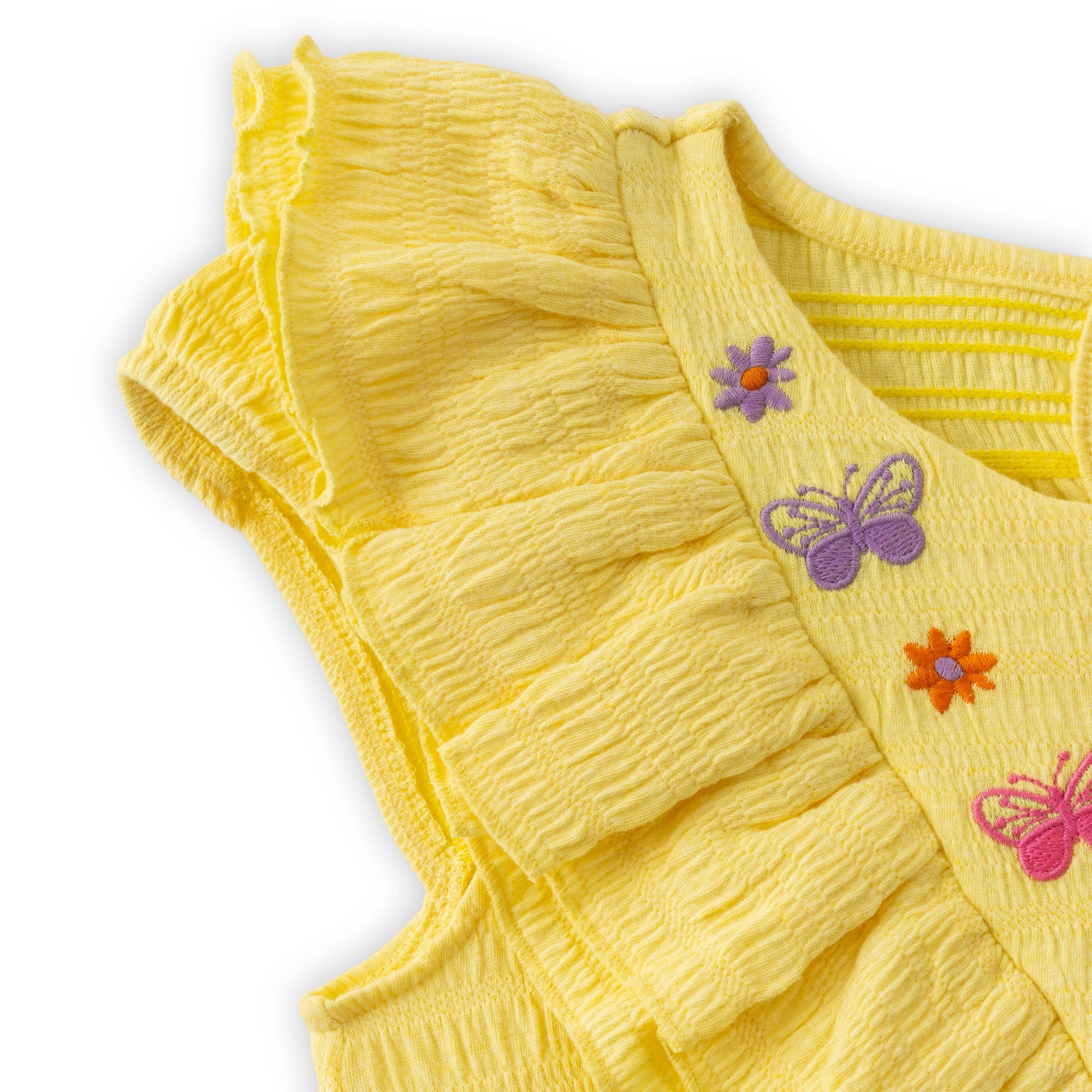 "Girls Yellow Sleeveless Top with Ruffle Neck & Butterfly Embroidery"