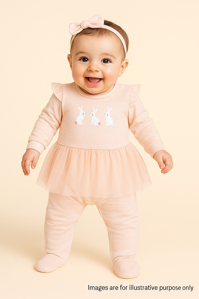 Baby Girls' Pink Bunny Print Tutu Sleepsuit with Full Sleeves & Footed
