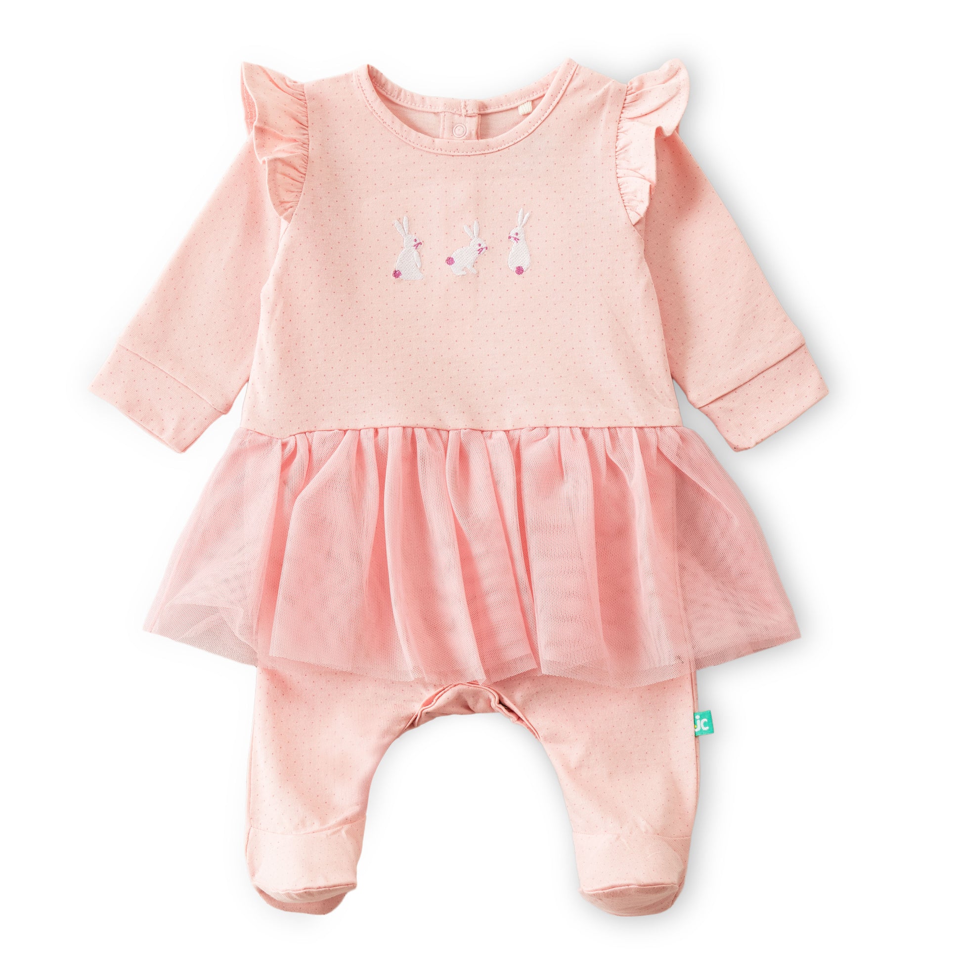 Baby Girls' Pink Bunny Print Tutu Sleepsuit with Full Sleeves & Footed