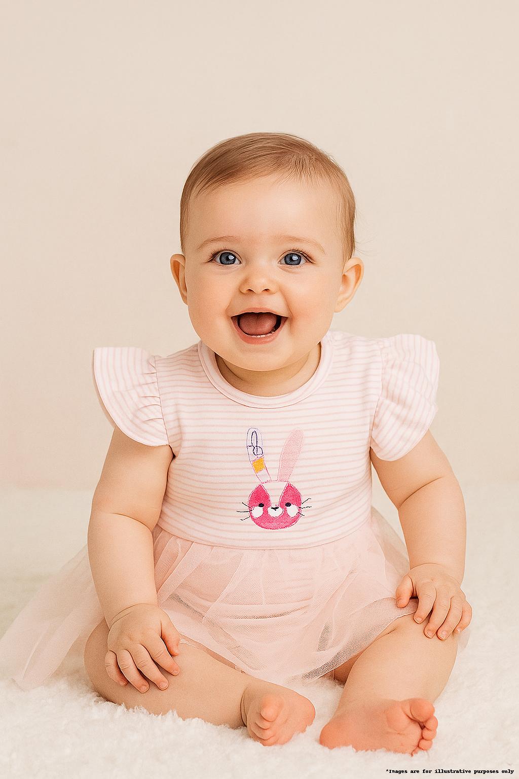 "Baby Girls Peach Striped Bunny Appliqué Bodysuit Dress with Tulle Skirt
