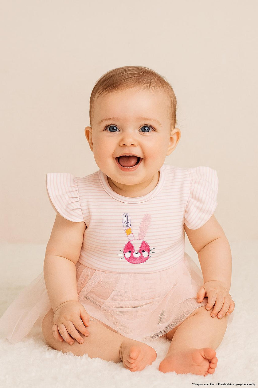 "Baby Girls Peach Striped Bunny Appliqué Bodysuit Dress with Tulle Skirt