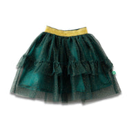 "Girls Emerald Green Glitter Tutu Skirt with Gold Elastic Waistband & Ruffle Layers"