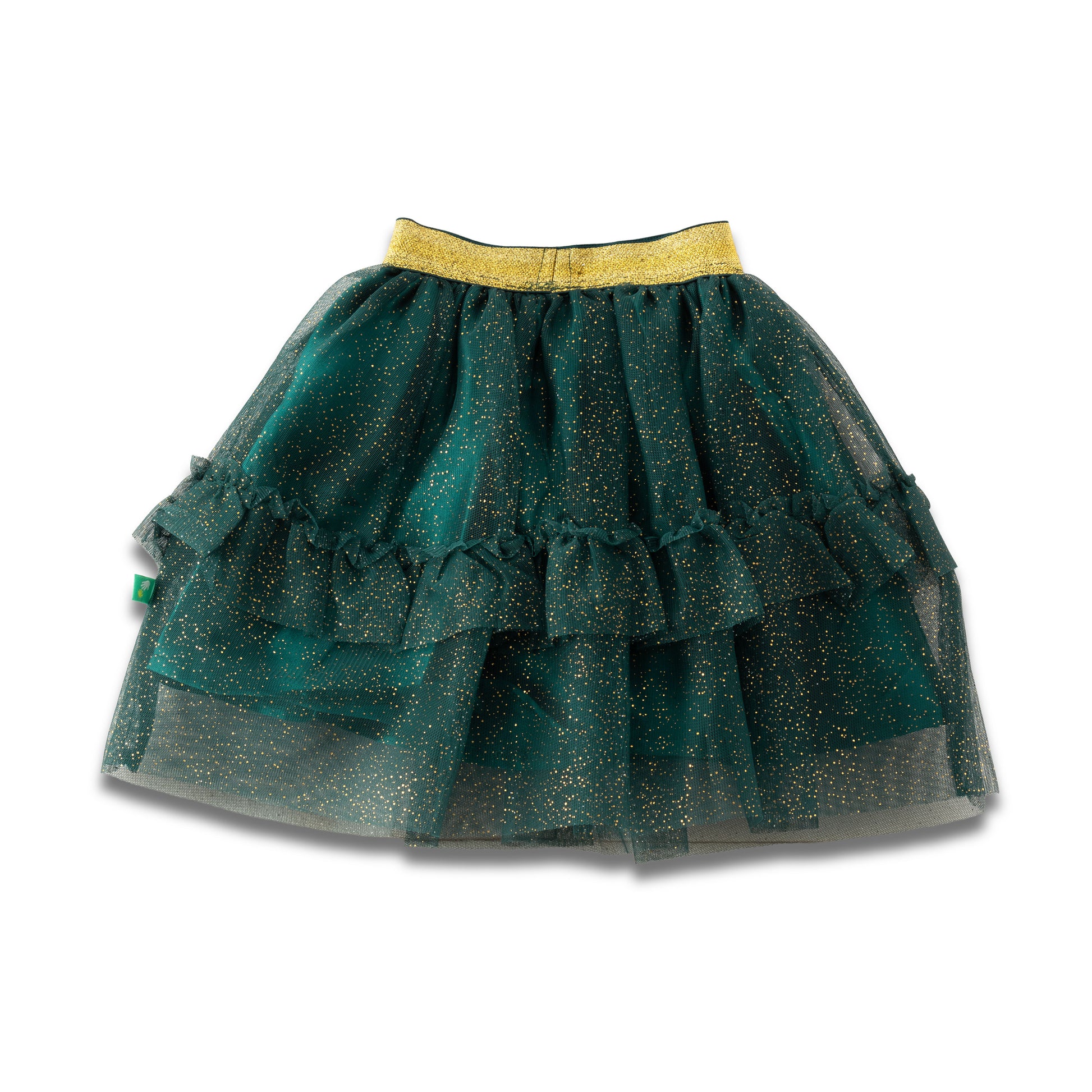 "Girls Emerald Green Glitter Tutu Skirt with Gold Elastic Waistband & Ruffle Layers"